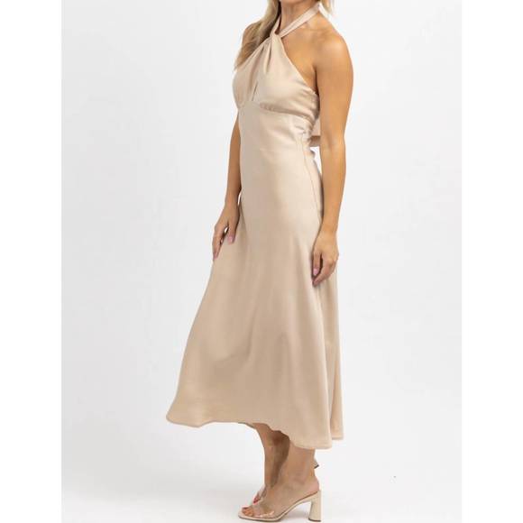 NEW LE LIS halter tie satin midi dress in champagne - Picture 4 of 6
